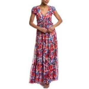 PatBO Violet Maxi Dress Red Floral V Neck Flutter Sleeve Resort Size  6